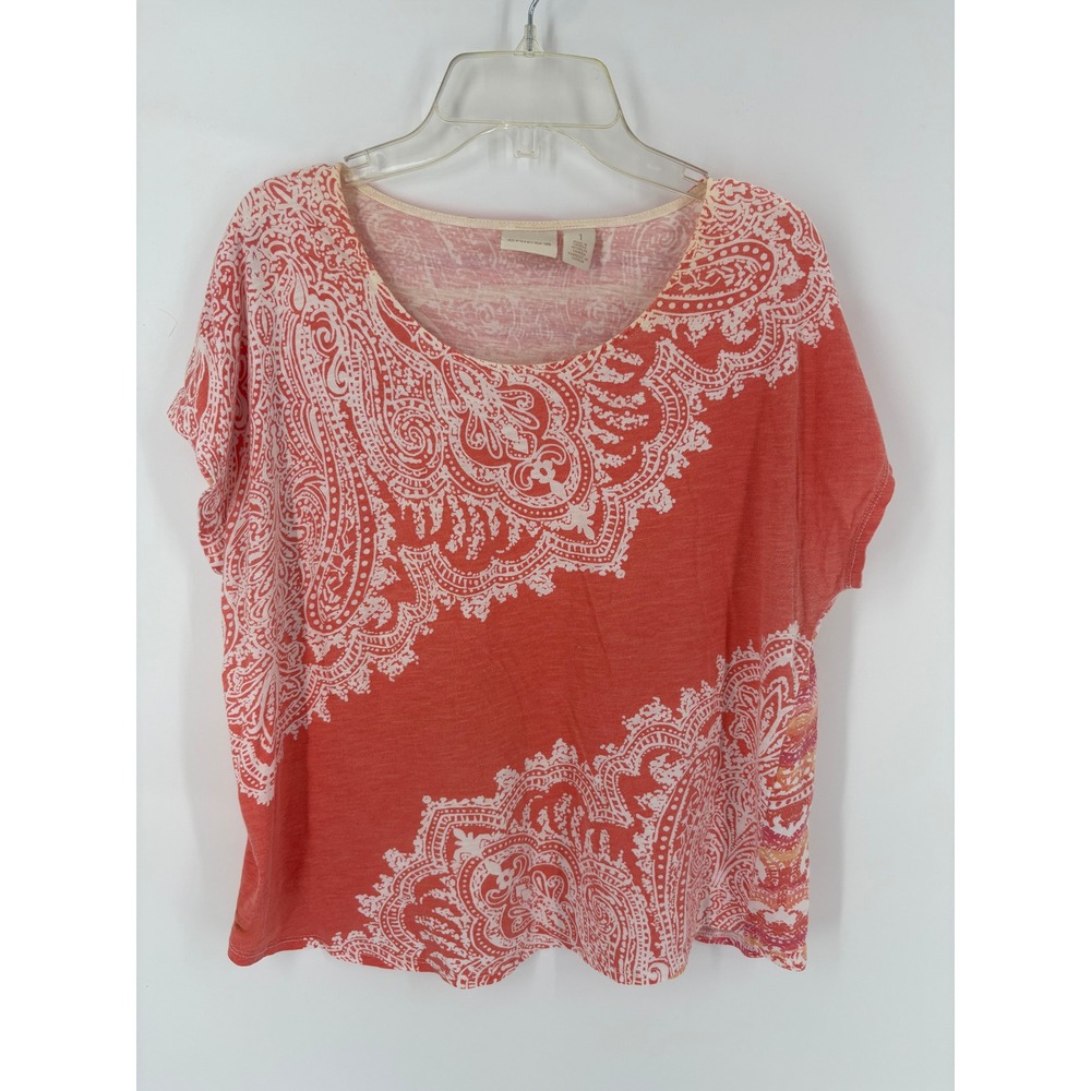 Chico's Coral Paisley Print V Neck Short Sleeve Tunic Top Women's‎ Size 2